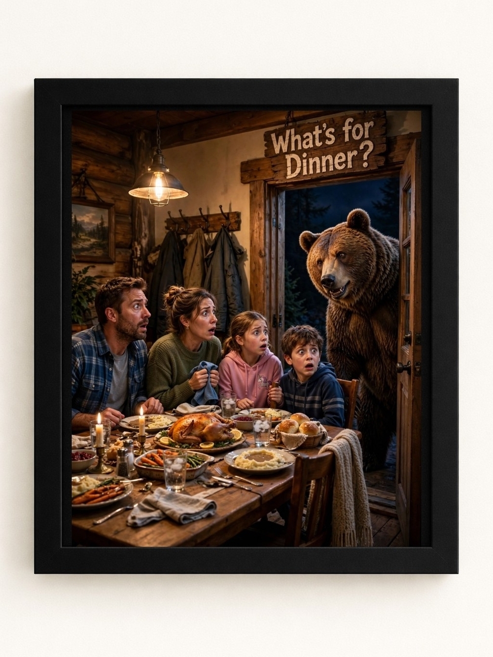 Rustic Family Dinner Art Print - Brown Bear Surprise 8x10 Frame